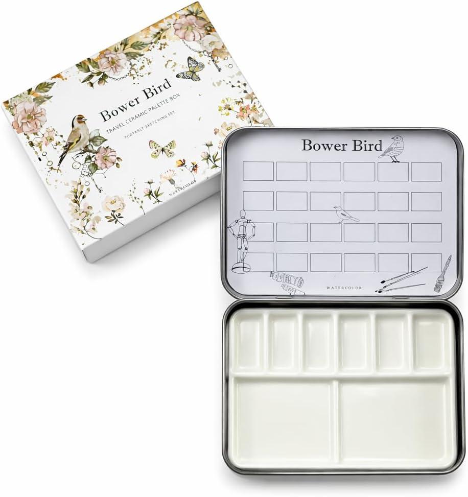 Bower Bird Travel Watercolor Palette,Portable Ceramic Palette 6 Well,Empty Paint Palette,Small Travel Metal Paint Boxwith Porcelain Palette (6Well)