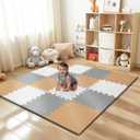 16 Tiles Baby Play Mat for Floor, EVA Foam Baby Floor Play Mat with 0.6 Inch Thick Interlocking Foam Tiles, Foam Floor Tiles for Baby, Toddlers and Kids (White-Brown-Grey, 16PCS)