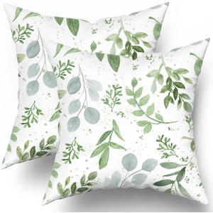 Sweetshow Sage Green Pillow Covers 12x12 Inch Spring Watercolor Eucalyptus Floral Pillowcase Set of 2 Leaf Print Throw Pillow Covers Soft Cotton Square Cushion for Home Couch Sofa Bedroom Livingroom