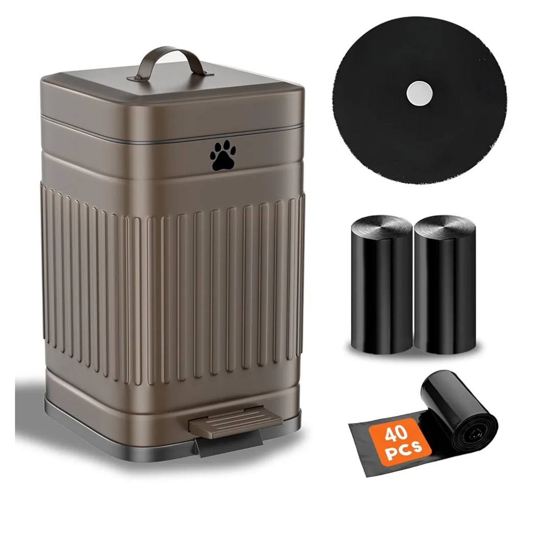 Dog Poop Trash Can Outside, 5L/1.3Gal Metal Dog Waste Trash Can with Lid, Foot Pedal, Pet Waste Container with 40 Bags, Poop Bucket with Lid Soft Close for Pet, Brown
