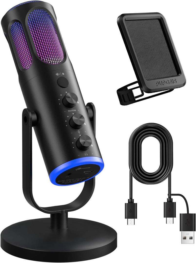 PUPGSIS Gaming Microphone for PC, Noise Cancellation Condenser Mic with RGB Lights, Mute, Monitoring, Pop Filter, Desktop-Mic for Streaming/Podcasting/Recording/Gaming Equipment, Plug & Play-Black