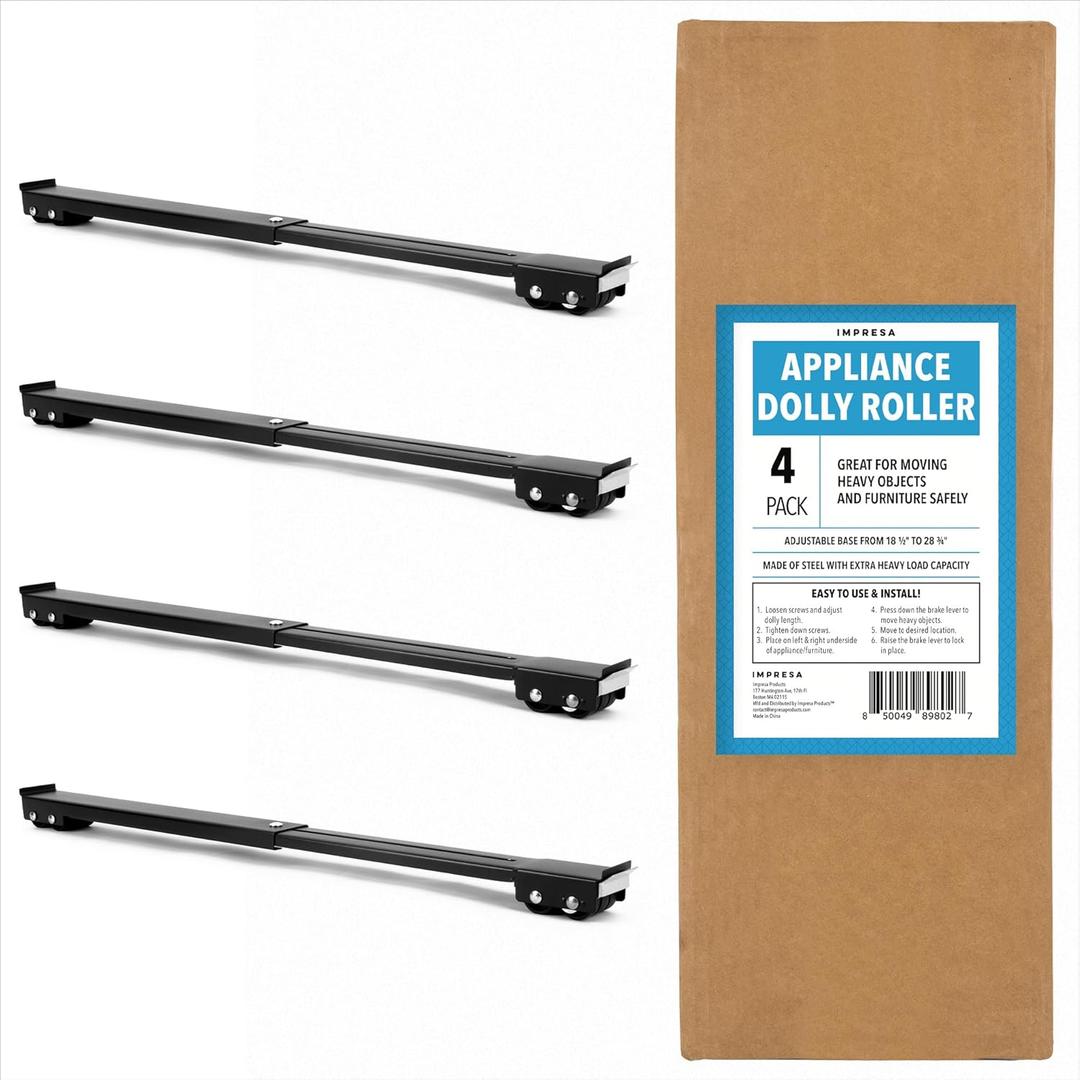 Impresa Pack of 4 XL Appliance Dolly Roller - Alloy Steel Adjustable 18.5-28.75 in Washing Machine Slider with Brake - 770 lb Capacity Heavy Duty Appliance Rollers - Low-Friction Furniture Sliders