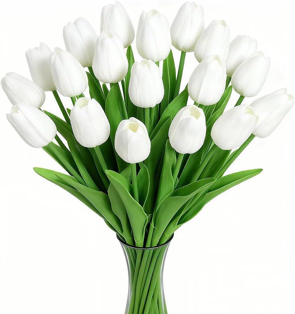 20PCS Tulips Artificial Flowers Faux Silk Tulip Stems Fake Flowers Bouquets for Vase Wedding Home Decoration White
