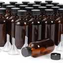 Juvale 30 Pack 2 Oz Amber Glass Bottles with Black Poly Cone Caps and 6 Funnels - Small 2 Oz Glass Bottles with Lids for Vanilla Extract
