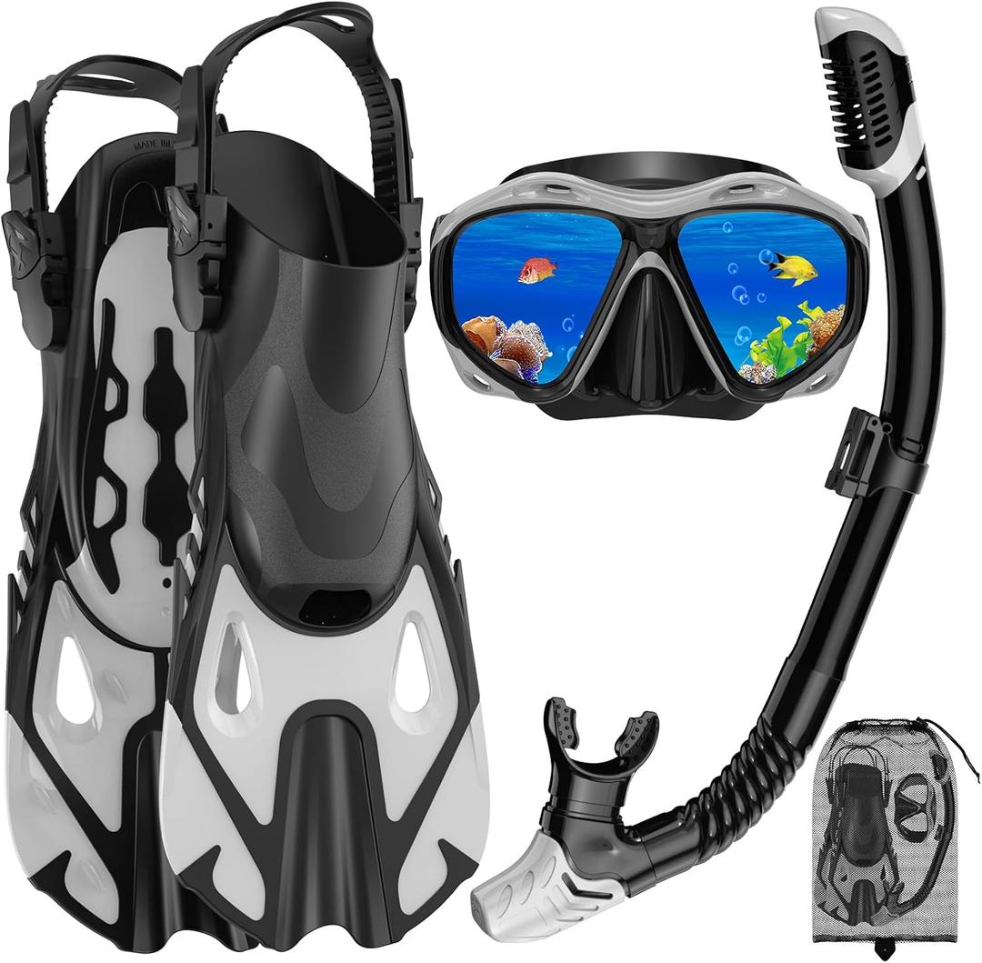 Snorkeling Gear for Adults, Mask Fin Snorkel Set, Dry Top Snorkel Mask, Panoramic View Anti-Leak Anti-Fog 3 in 1 Snorkeling Kit Travel Diving Package with Storage Bag (Large, Gray)