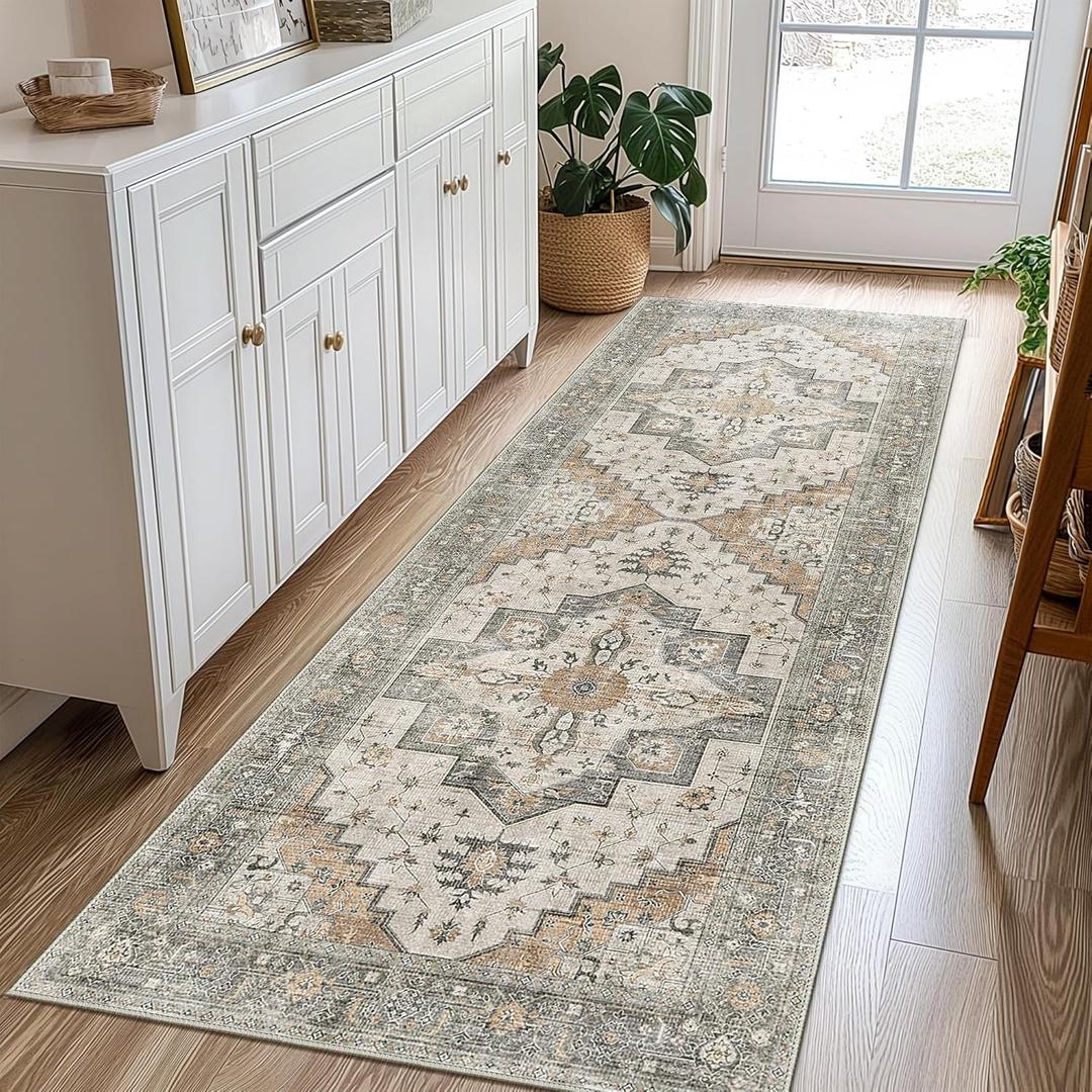 2X10 Area Rugs Machine Washable Runner Rugs for Living Room, Vintage Boho Rugs for Bedroom Dining Room, Non Slip Indoor Soft Distressed Lightweight Thin Low Pile Carpet, Taupe