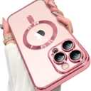 OOK Magnetic Case Made for iPhone 16 Pro (6.3 Inch) [Built-in Camera Lens Protector] [Compatible with MagSafe] Soft TPU Anti-Scratch Shockproof Protective Slim Clear Case for Women Men - Pink