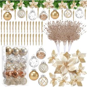 124 Pcs Christmas Tree Ornament Set Assortment Christmas Shatterproof Champagne Balls Poinsettia Glitter Flowers Artificial Berry Stem Branches and Gold Icicle for Xmas Hanging Decorations