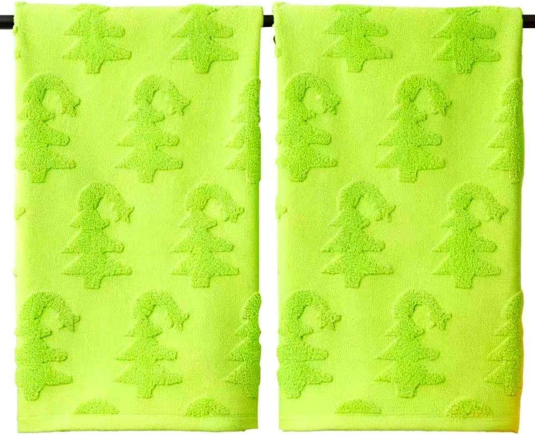 2 PCS Christmas Hand Towels for Bathroom Green Christmas Tree Hand Towels 100% Cotton Absorbent Decorative Jacquard Weave for Christmas Bath Kitchen Decor Gift, 13.8 x 29.5 Inch