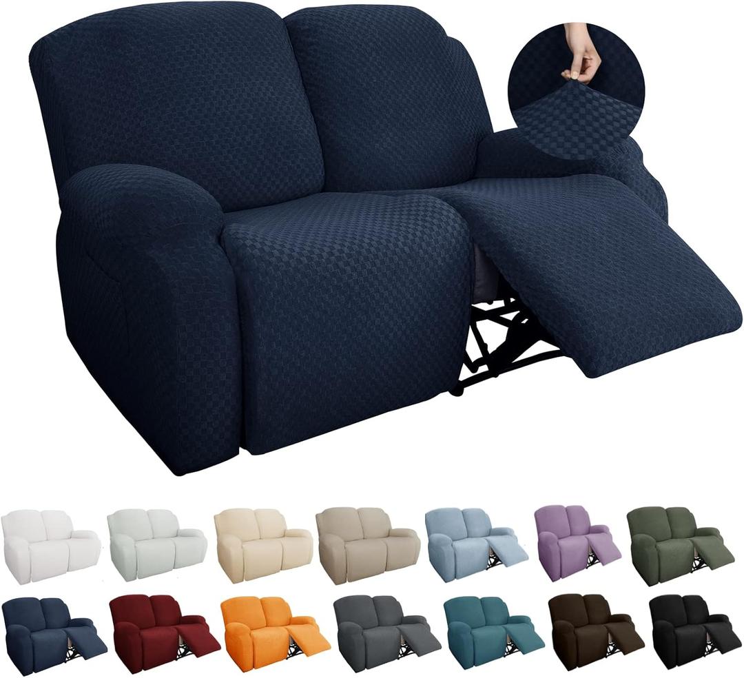 YEMYHOM 6 Pieces Stretch Loveseat Recliner Slipcover Jacquard Recliner Sofa Cover with Side Pocket Fitted Recliner Cover Couch Furniture Protector with Elastic Bottom (Loveseat Recliner, Navy) (Standard 2 Seater)