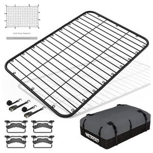 Wildroad Car Roof Platform, Universal Roof Flat Rack Combo 69" x 47" x 1.3" Heavy Duty Roof Rack Platform with Cargo Bag, Cargo Net, Ratchet Straps and Anti-Rust Sealant Fits for SUV Truck Cars