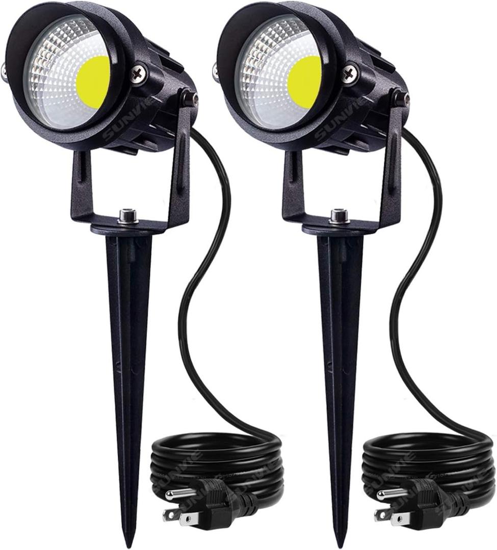 SUNVIE Outdoor Landscape LED Lighting 12W Waterproof Graden Lights COB Led Spotlights with Spiked Stand for Lawn Decorative Lamp US 3- Plug 6500K Daylight White (2 Packs)