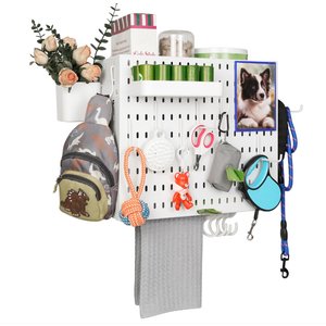 Pet Supply Storage Organizer Wall Mount Adjustable Metal Storage Shelving Unit, 16 Hooks, Tray, Mesh Bag For Holding Dog Toys, Treats, Coats | Dog Leash Holder For Wall with Shelf, 16 Inch Wide, White