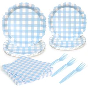 96Pcs Blue Gingham Plates and Napkins Forks Lace Plaid Paper Plates for 24 Guest Picnic Wedding Baby Shower Tea Kids Birthday Party Supplies Decrations