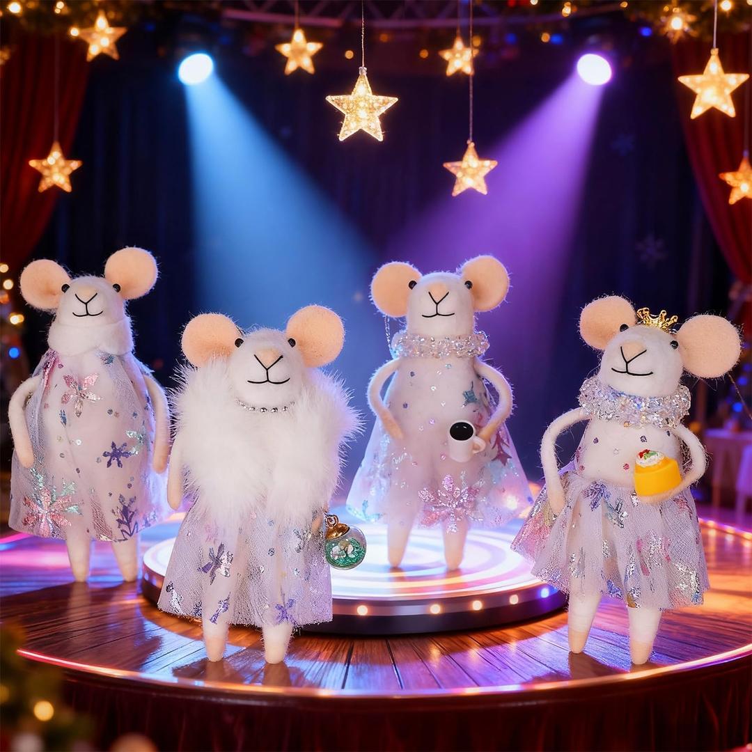 Set of 4 Christmas Felt Mouse Ornaments, 4.7" Mini Princess Mice with Lace Skirt for Xmas Tree Hanging, Wool Xmas Tabletop Decor, Animal Crafts for Holiday Easter Gifts Birthday Party Supply