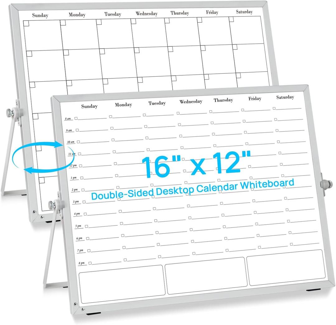 White Board Dry Erase Calendar Planner, Weekly Monthly Magnetic Schedule-Board with Time Slots, Portable Double-Sided Desktop Whiteboard with Stand for Planning, Memo, to Do List 16"12"