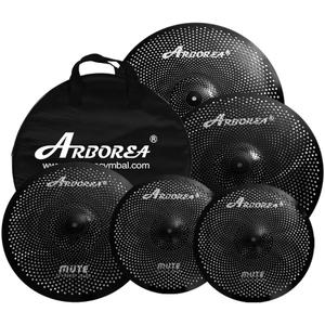 Arborea Low Volume Cymbal Pack Black 14"hi-hat+16"crash+18"crash+20"ride 5 Pieces Practice Mute Cymbal Set for Drums