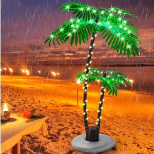 Artificial Lighted Palm Tree, Palm Trees for Outside Patio for Home Decor Outdoor, Christmas, Hawaiian, Jungle, Home Party, Pool, Beach, Patio Decor (5FT, 2-Trunk)