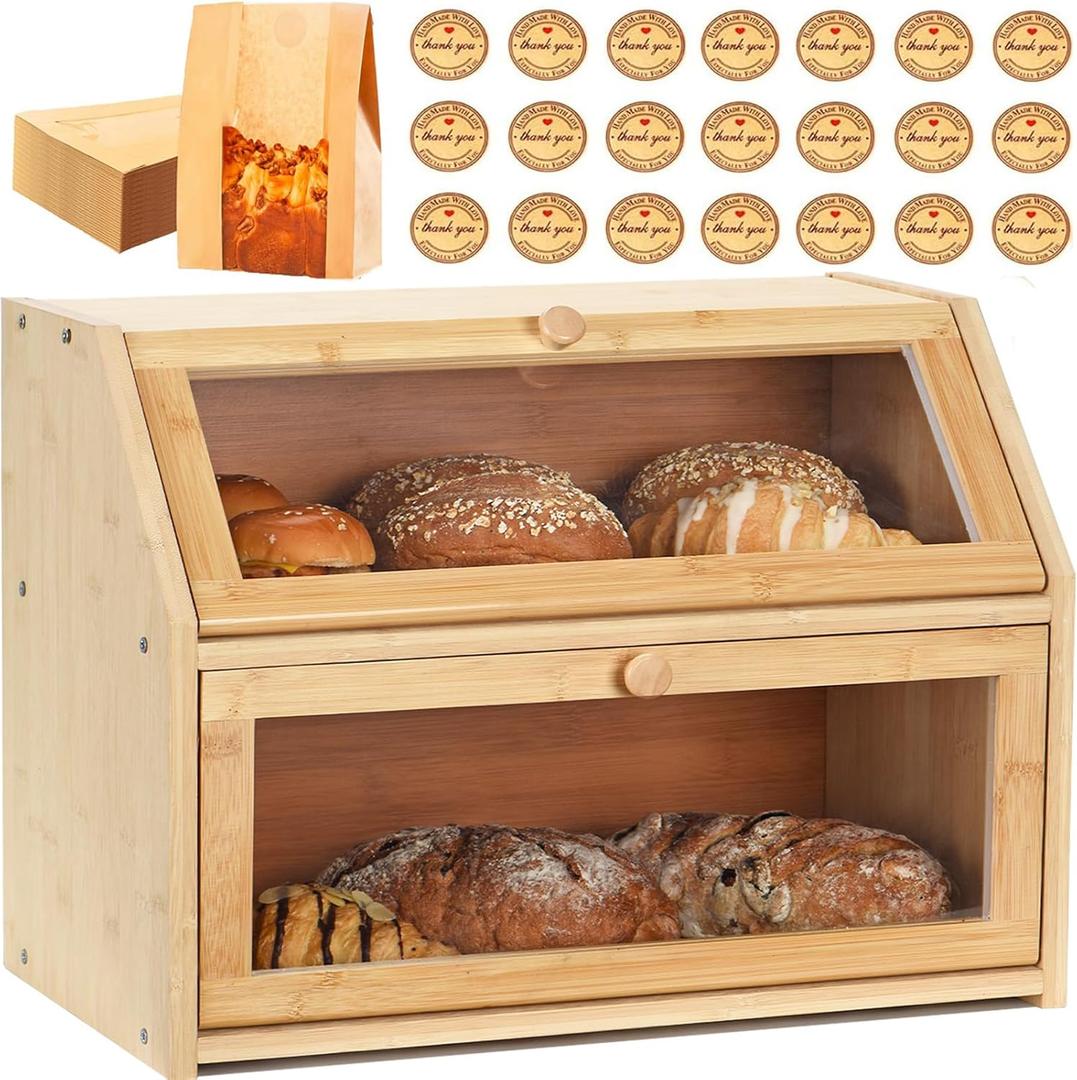 Bread Box for Kitchen Countertop Double Layer,Wooden Bread Storage Bin,Bread Storage For Homemade (Natural Bamboo)