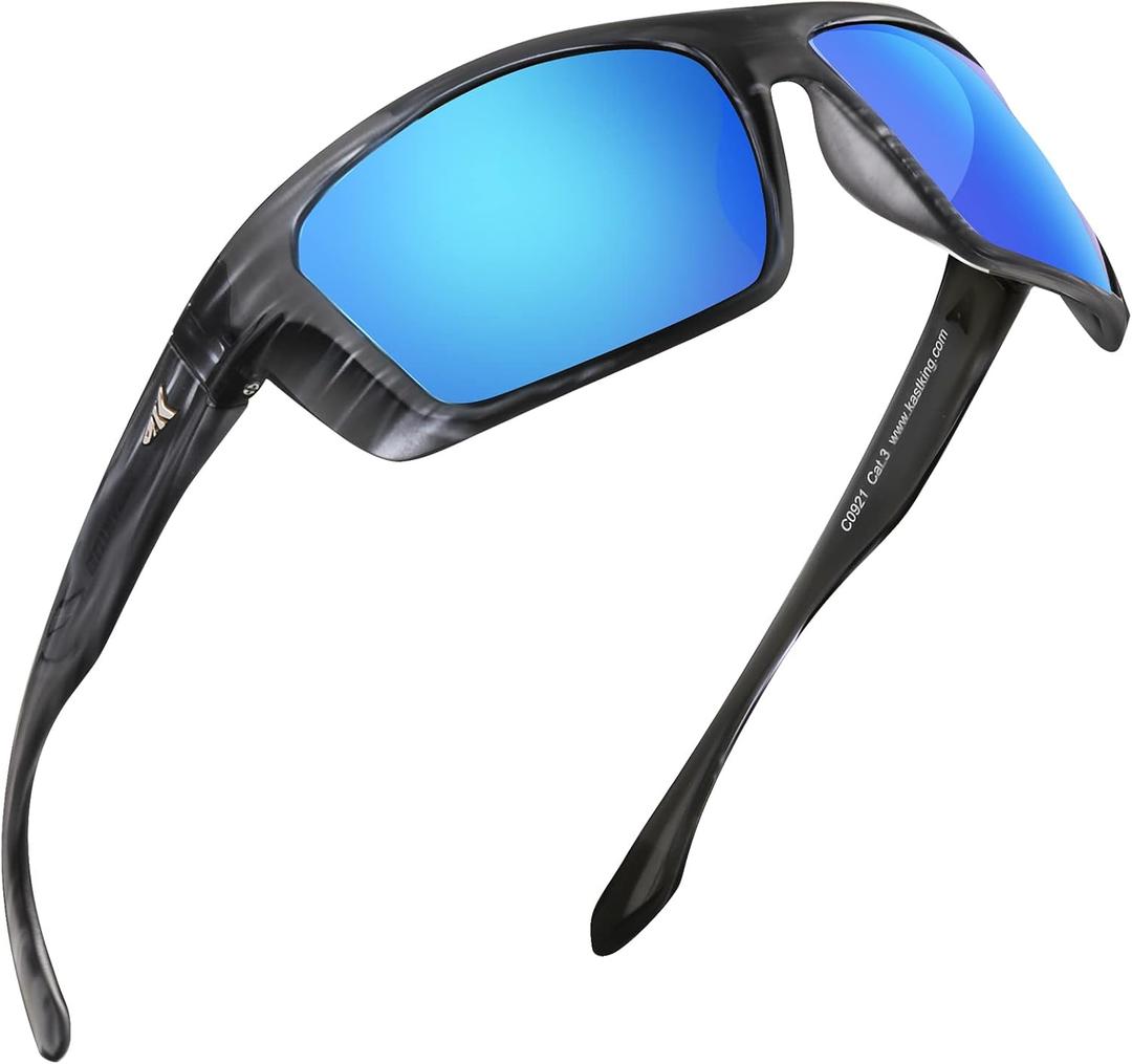 KastKing Huzzah Polarized Sport Sunglasses for Men and Women, Ideal for Driving Fishing Cycling and Running,UV Protection (Frame: Gloss Tal Gray /Lens: Smoke - Blue Ocean Mirror)