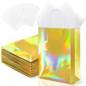 MIMIND 24 Pack Iridescent Paper Gift Bags with Handles Holographic Party Favor Bags with Tissue Paper 8.7 x 6.3 x 3.1 Inch Glitter Gold Foil Goodie Candy Bag for Wedding Baby Shower Birthday Party (Medium)