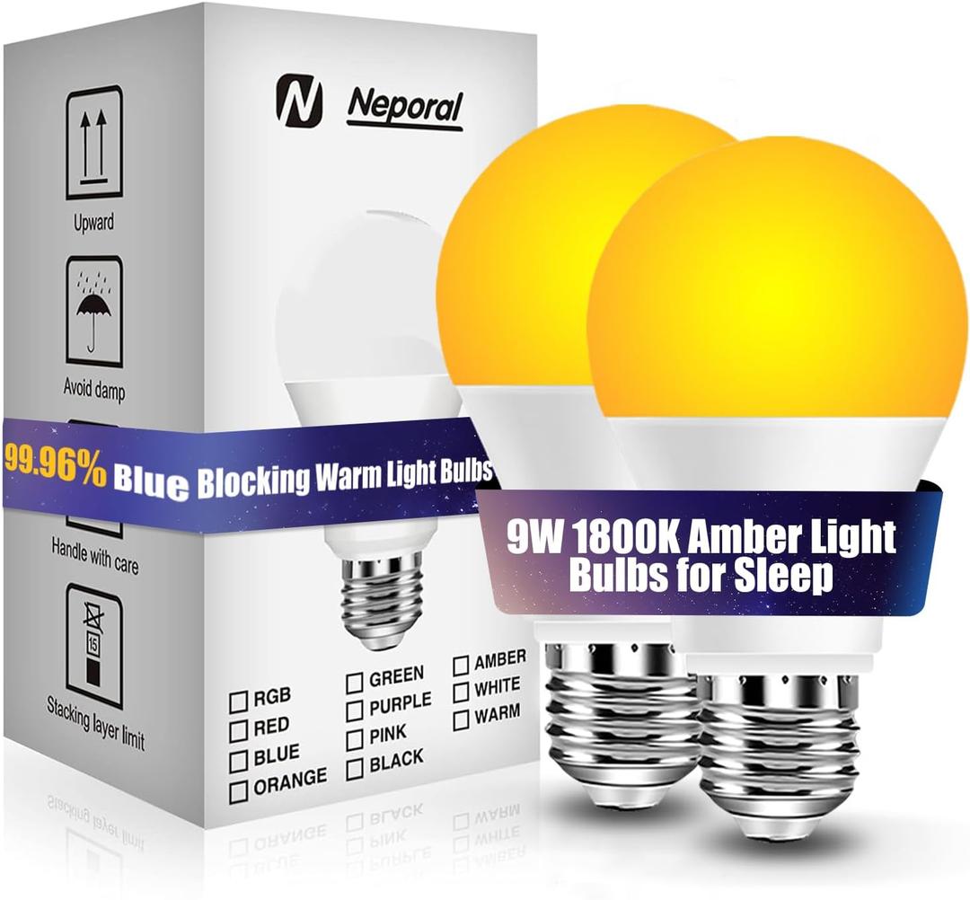 Neporal 1800K Amber Sleep Light Bulbs 2PK, 99.96% Blue Blocking Soft Warm Light Bulbs,9W 60 Watt Equivalent, A19 Amber Night Light E26 for Bedroom and Baby Nursery Light