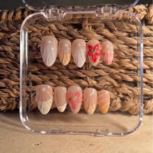 10PCS Handmade Nails gel Almond Nails Press On Art False Nails Women's Nails 3d Pink nails acrylic Thick French nail Medium (Caicai Cat)