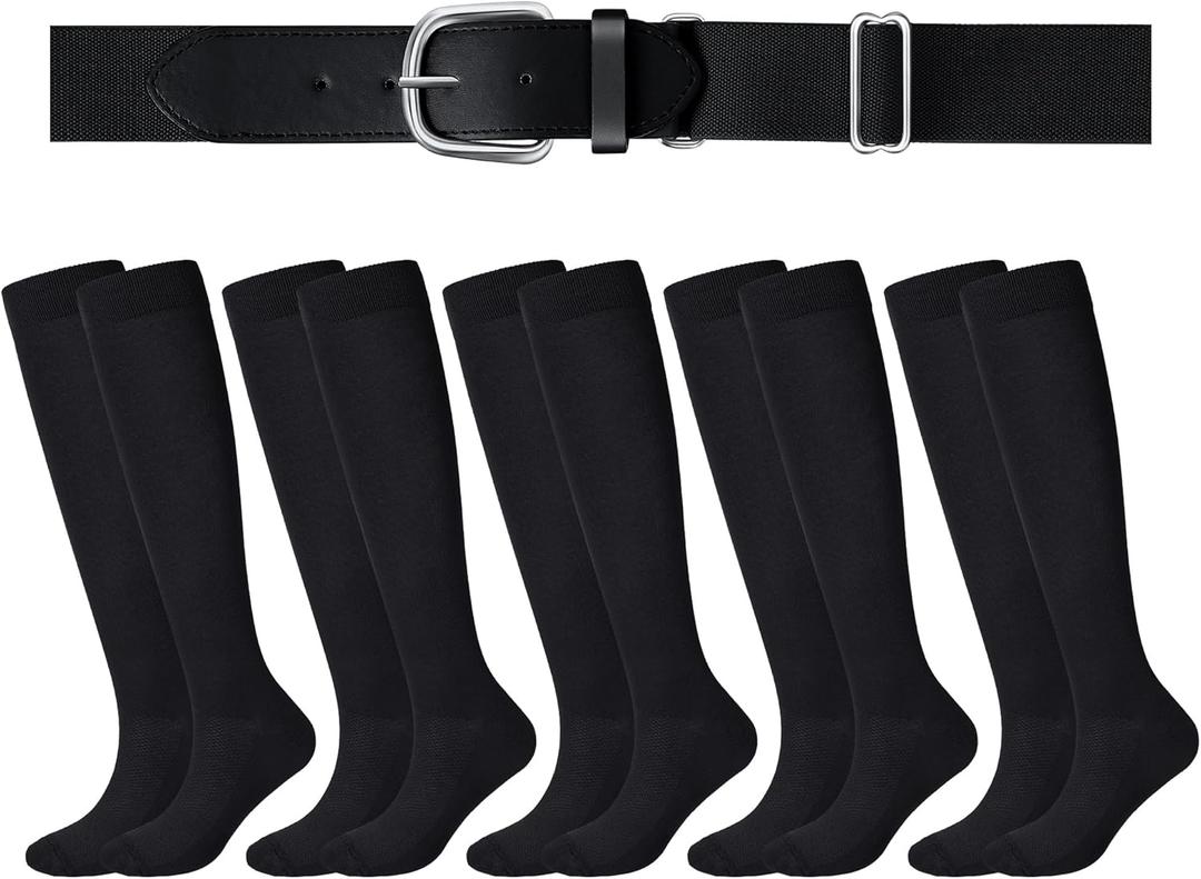 Haysandy Baseball or Softball Sock and Belt Combo Set 5 Football Baseball Socks with Softball Belt for Kids Youth Boys (Black, L)