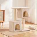 28 Inch Small Cat Tree Tower for Indoor Cats, Cat Condo House with Large Perch, 2 Cat Caves, Scratching Posts, Beige