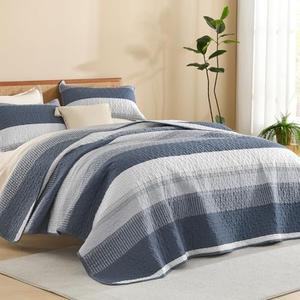 Litanika Oversized King Quilt Set Navy Blue, 120x120 Stripe Bedspread Coverlet 3 Pieces, Navy Blue Lightweight Quilted Bedding Set for All Season(Super King-1 Quilt, 2 Pillowcases)