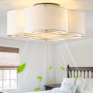 Caged Ceiling Fan with Light, Rattan Flush Mount Ceiling Fans with Lights Remote Control, Low Profile Fabric Enclosed with 6 Speeds for Bedroom, Living Room, Foyer, Nursery (White)
