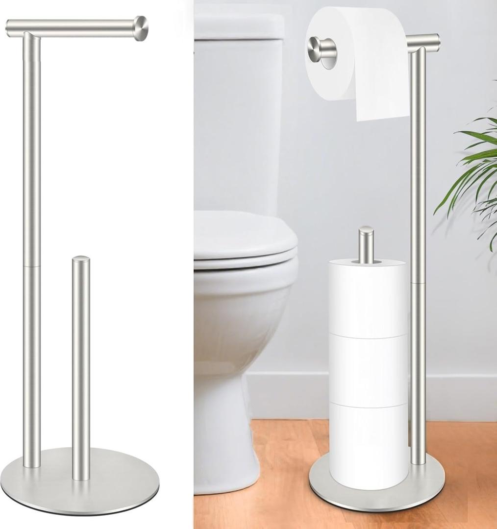 Toilet Paper Holder Stand, Rustproof Modern Free Standing Bathroom Tissue Holder Storage for 4 Rolls, Stainless Steel Anti-Slip Base with Reserve, Brushed Nickel