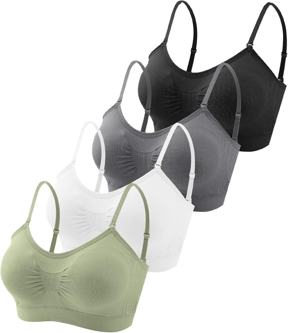 Omisy 4 Pieces V Neck Padded Bralette Cami Bra Wireless Tank Top Sports Bra with Adjustable Straps (Small, Black, White, Olive, Dark-grey)