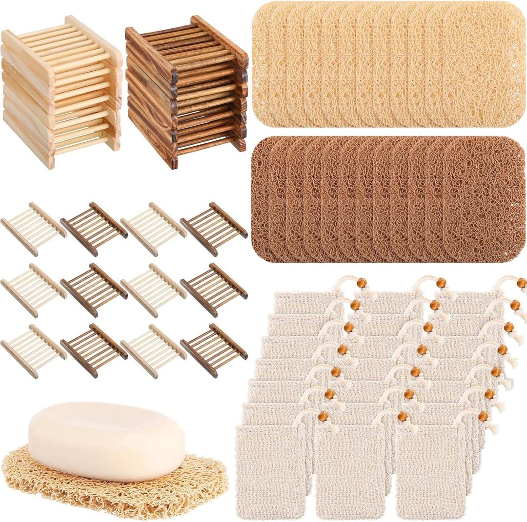 90 Pcs Soap Saver Set Including Wooden Dish, Exfoliating Bag, Saver Pads Bulk with Self Drain, Bar Soap Holder Mesh Bag for Shower Bath Home Toilet Kitchen Hotel Restaurant