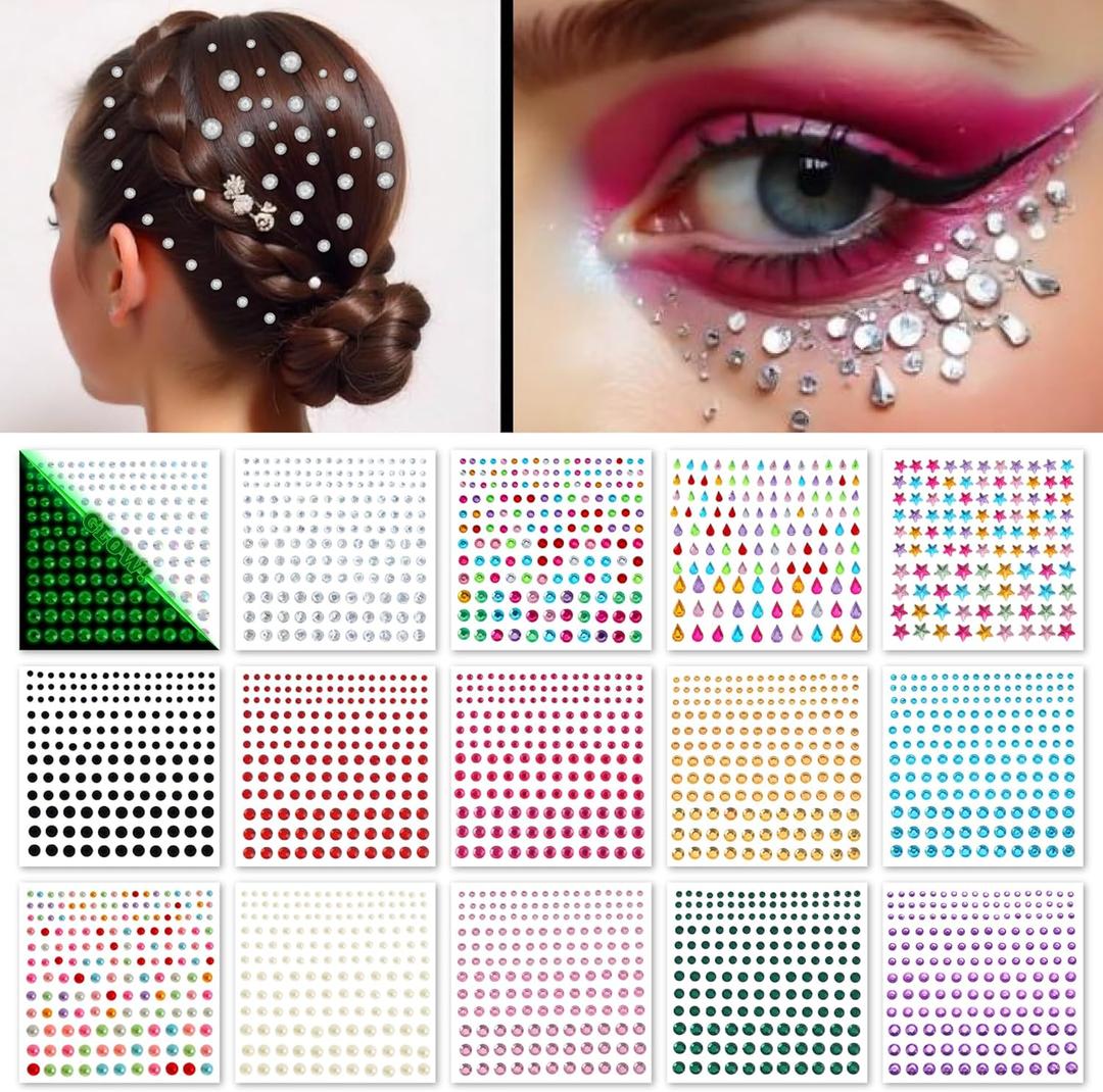4 x 15 Sheet Face Gems Rhinestone -SELF ADHESIVE- Rhinestones for Eyes Face Body Nails, Face Glitter, Nail Gems Rhinestone, Face Jewels Rhinestone for Party, Rave Festival, Make up