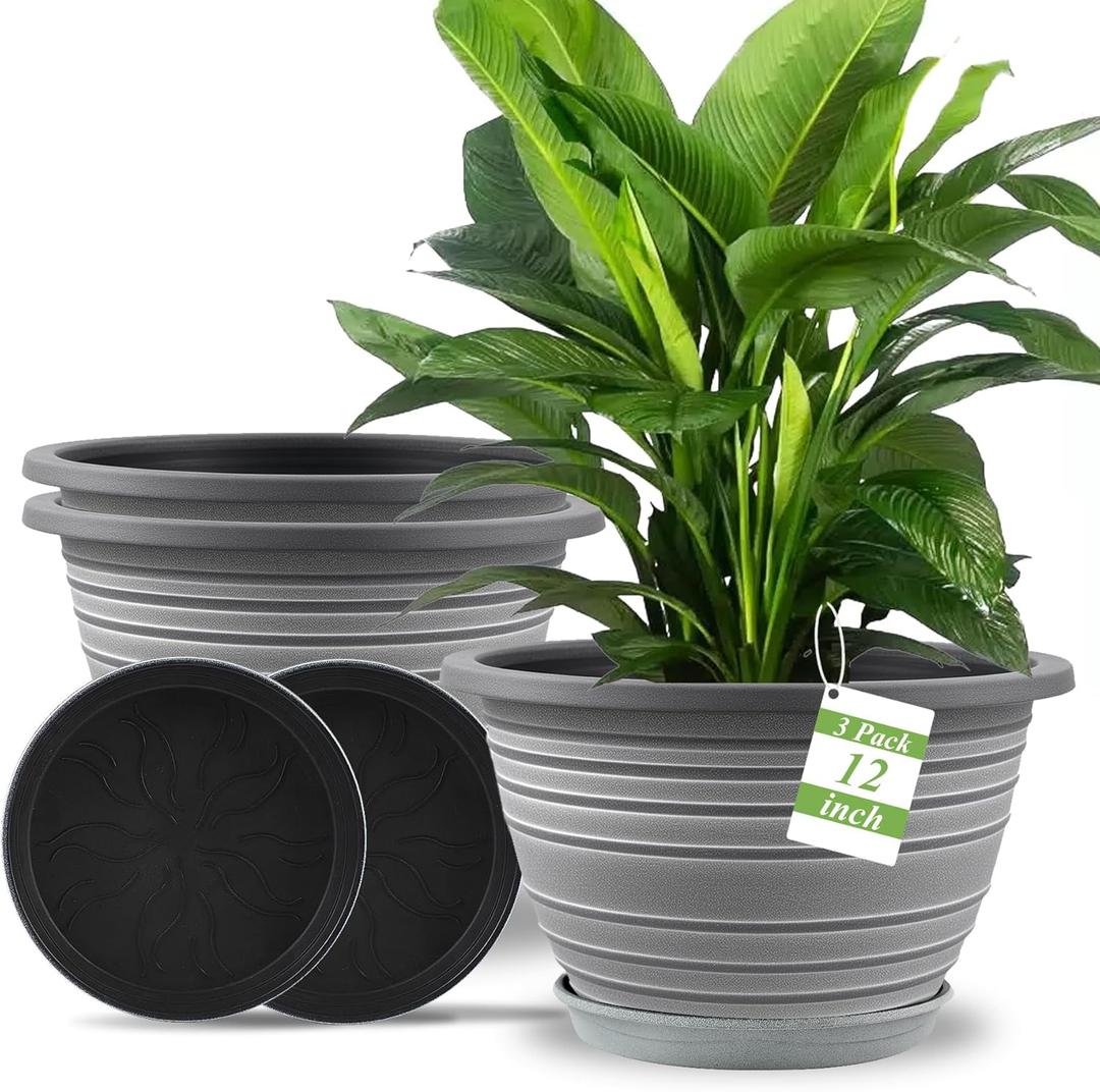 Large-Planter-Indoor-Outdoor Plant Pots, 12 inch 3 Pack Plastic Flower Pots with Saucer and Drainage Holes, Retro Antique Imitation Decorative Garden Containers Sets for Houseplant (White)