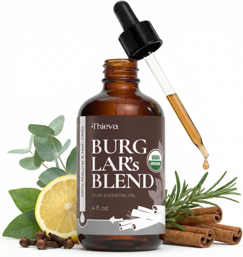 THIEVA Burglars Blend Essential Oil 4 oz  USDA Organic Pure Oil Blend for DIY Household Cleaning Seasonal Home Wellness and Diffuser Aromatherapy
