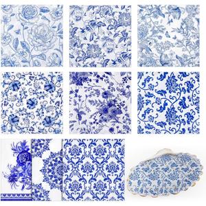 Crtiin 36 Pack 9 Styles Decoupage Napkins Assorted Floral Decorative Decoupage Napkins Chinoiserie Cocktail Paper for DIY Crafting Birthday Party, Each Unfolded 13 Inch(Blue and White Floral)