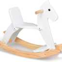Wooden Rocking Horse Baby Ride On Toy for Toddlers Solid Wood Classic Design with Comfortable Pedal and Safe Backrest Ideal Gift for Kids (Classic, White), 31.5*9.8*20.5