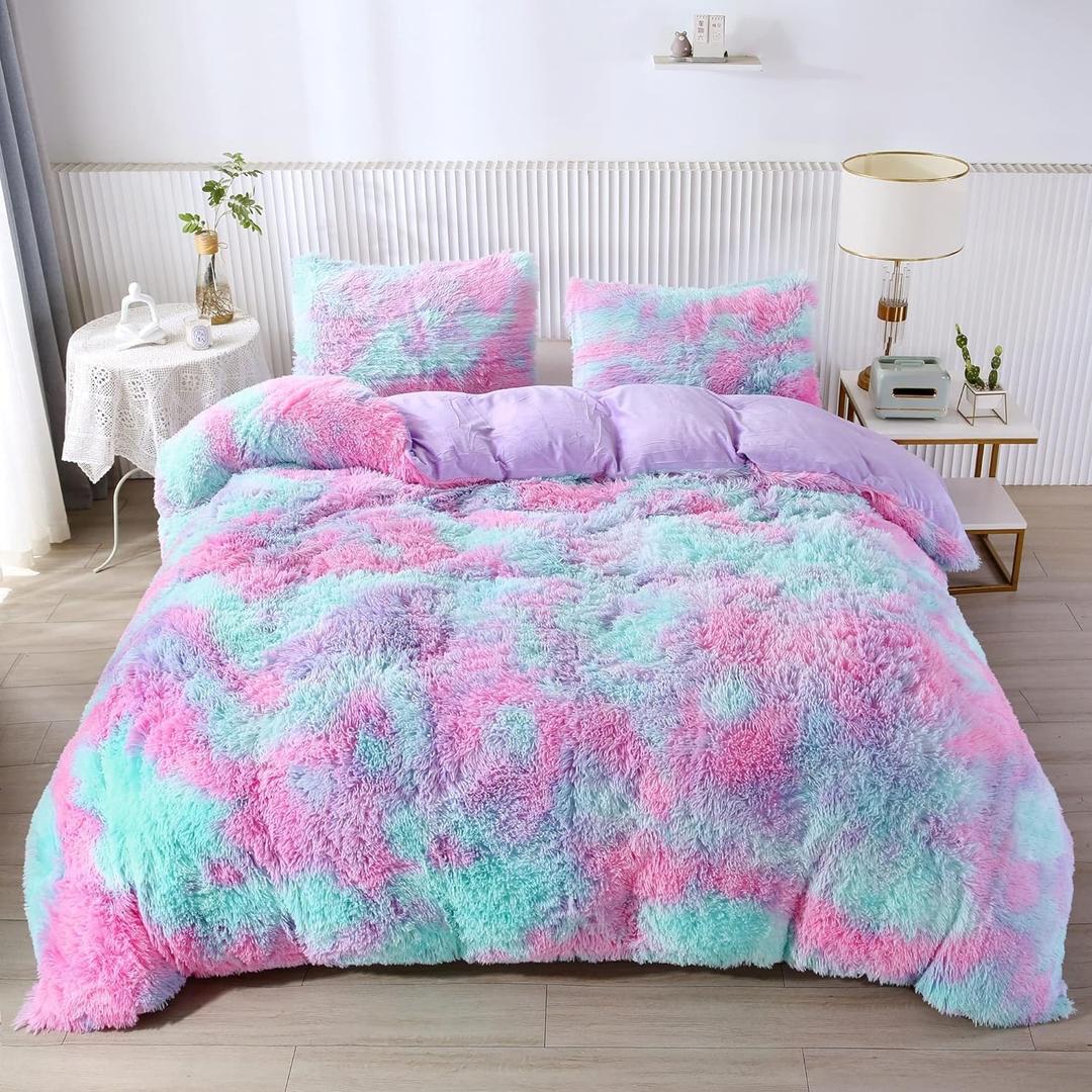 RYNGHIPY Purple Tie Dye Rainbow Duvet Cover Set, Fluffy Fuzzy Long Hair Faux Fur Crystal Velvet Bedding Set for Teens Girls (Purple,Full)