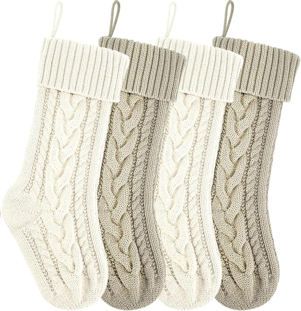 18 Inches Ivory and Khaki Knit Christmas Stockings Bulk Double Side Vintage Family Xmas Stockings for Fireplace and Home Decor,4 Pack