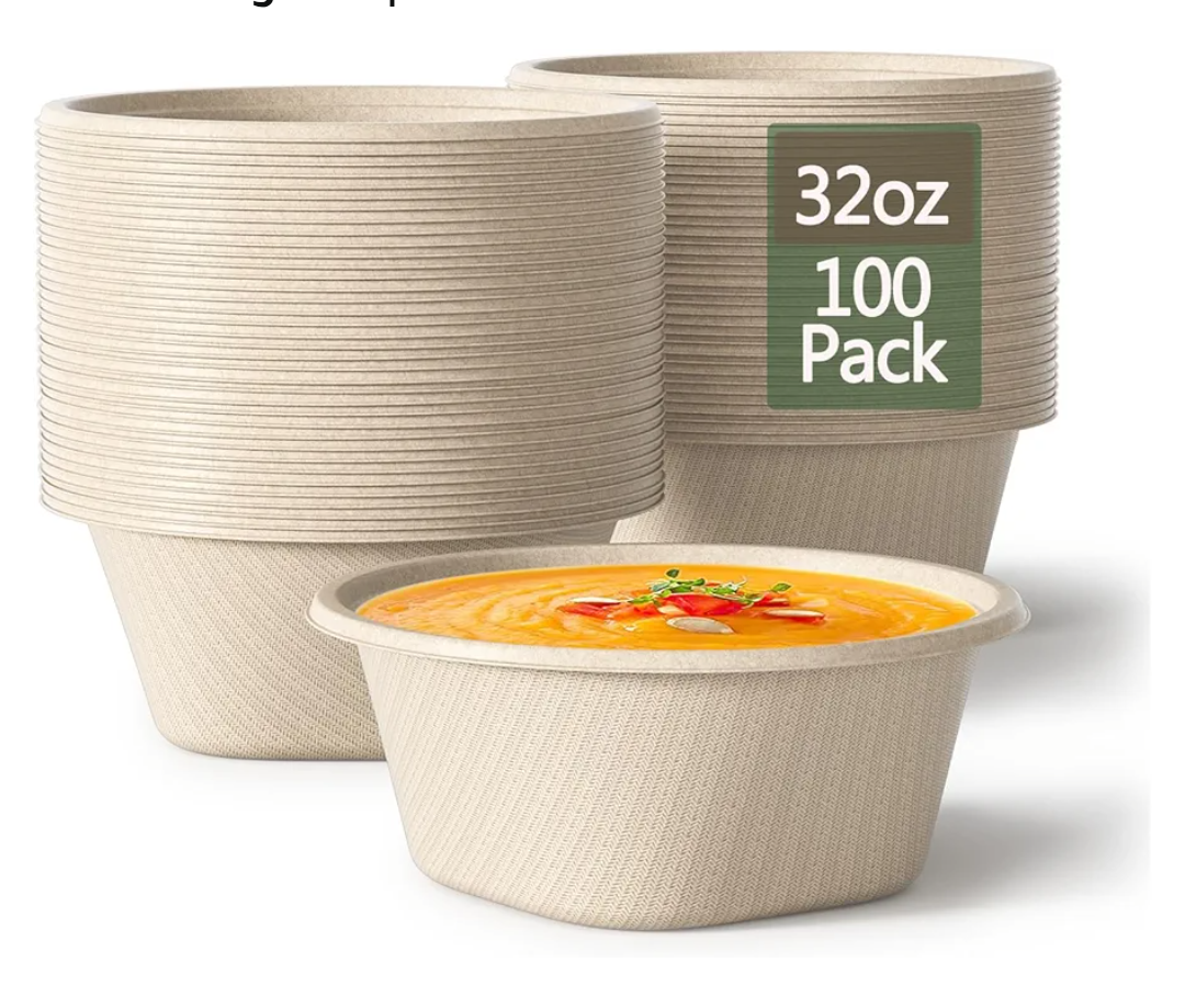 32 Ounce Large Paper Bowls Disposable Soup Bowl Disposable Heavy Duty Compostable Bowls, Eco-friendly Sugarcane and Bamboo Bagasse Biodegradable Bowl for Soup, Salad, Dessert, Ice Cream [100 Pack]