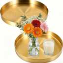 Jucoan 2 Pack 8 Inch Round Gold Tray, Decorative Small Round Vanity Tray, Circle Brass Gold Tray, Bathroom Storage Organizer Tray for Perfume Jewelry Food Coffee Tea Candle