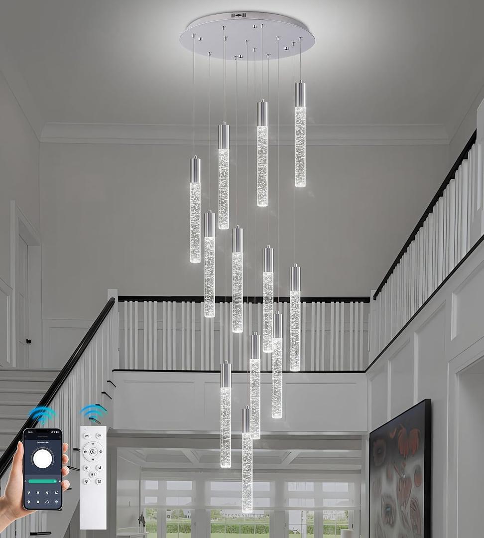 Modem Crystal Foyer Chandelier 12-Lights, Silver Large High Ceiling Spiral LED Raindrop Staircase Pendant Lighting, Bubble Staircase Living Room Hanging Light Fixture Flush Mount
