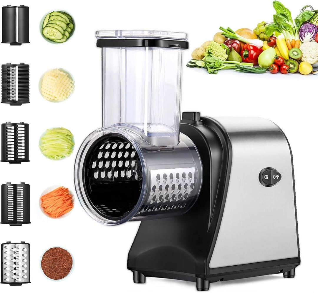 Electric Cheese Grater, 250W Electric Slicer Shredder, One-Touch Control Electric Salad Machine for Cheese, Fruits, Vegetables, Salad Maker with 5 Different Shapes of Blades, 2025 Upgrade (large)