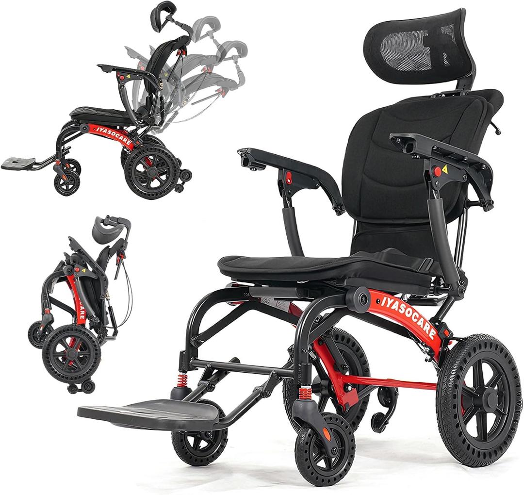 Lightweight Reclining Travel Wheelchair, Folding Transit Transport Wheelchairs for Adults and Seniors Support 265lbs