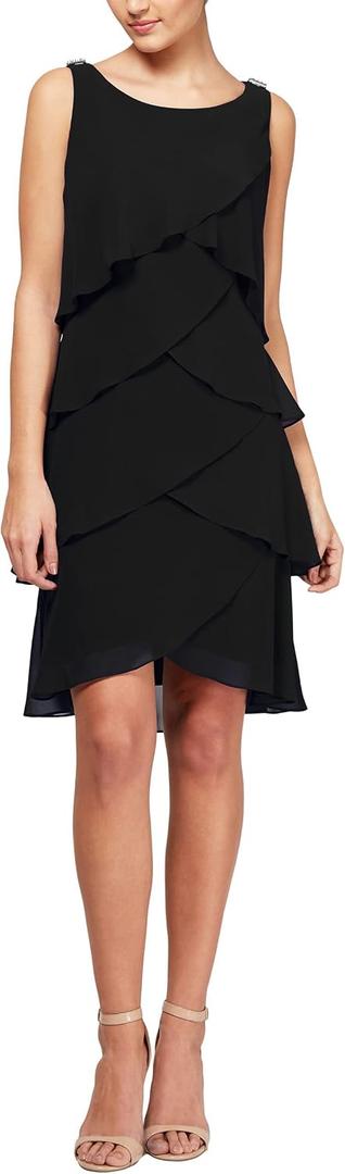 S.L. Fashions Women's Chiffon Tiered Cocktail Dress, Summer, Perfect for Casual & Formal Occasions (Petite and Regular Sizes), Black Tulip, 6P