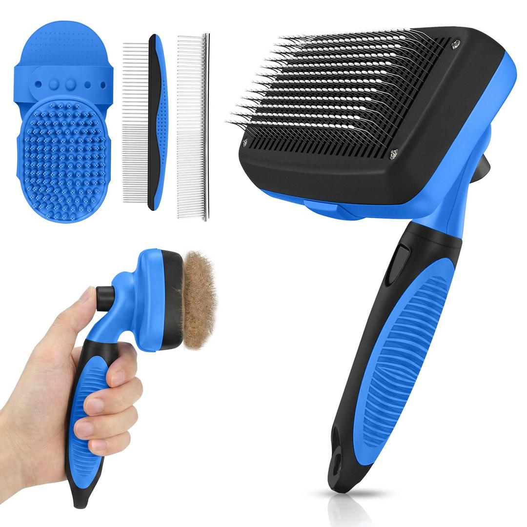 Self Cleaning Shedding Brush - 5-in-1 Professional Pet Grooming Kit Skin Friendly Grooming Tool for Dogs, Cats, and Puppies, Deshedding and Hair Removal for Long and Short Haired Pets, Blue