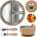 MOMERA Stainless Steel Baby Plate & Bowl Set with Suction | Divided Toddler Feeding Set | Durable, BPA-Free, Easy to Clean | Baby Tableware for Self-Feeding
