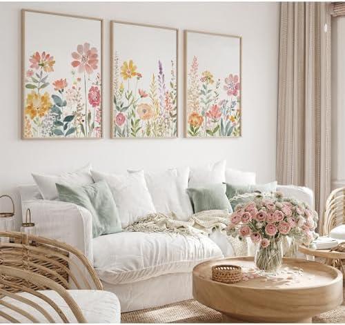 Watercolor Wildflower Wall Art Decor Colorful Flower Pictures Canvas Floral Botanical Wall Art Vintage Prints Poster Floral Painting Artwork for Living Room Bedroom 24x36 Inch Unframed Set of 3
